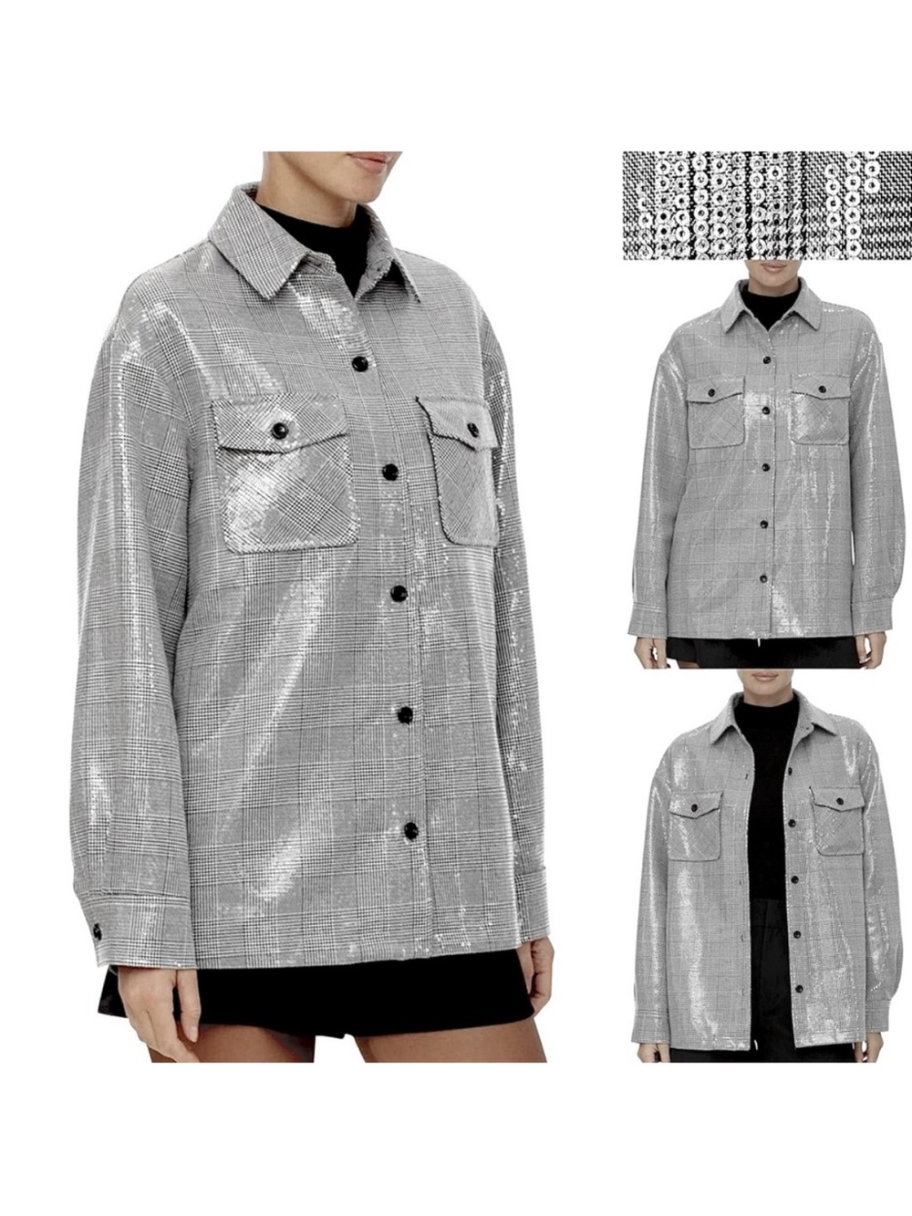 NWT BAGATELLE Avec Les Filles Clear Sequin Shimmer Plaid Jacket Oversize, L